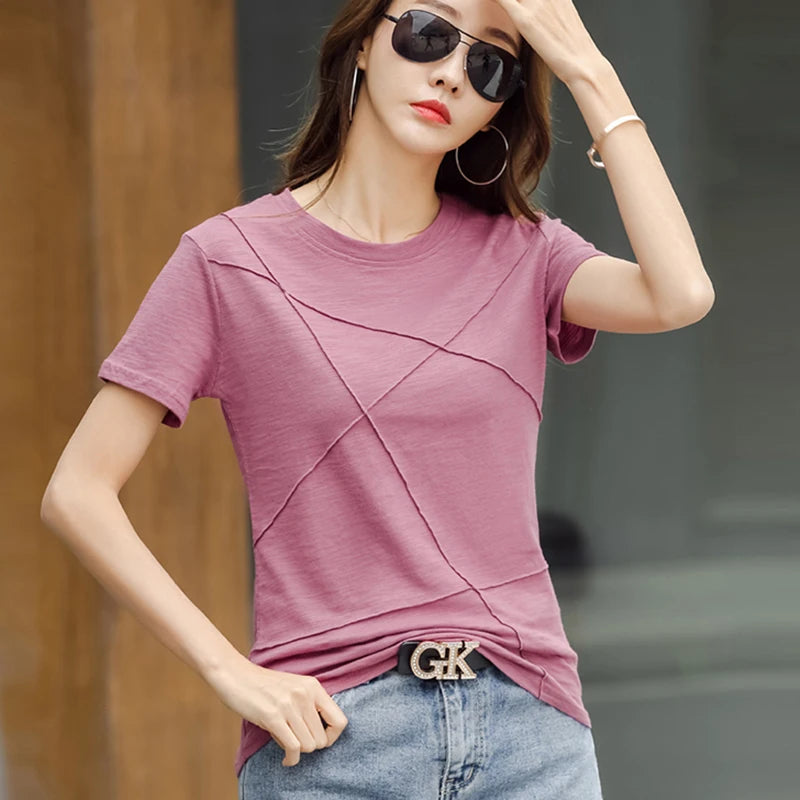 AOSSVIAO Women’s Summer Slim Fit Cotton Bamboo T-Shirt – 2024 O-Neck Ribbed Short Sleeve Casual Solid Top