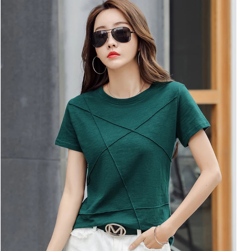 AOSSVIAO Women’s Summer Slim Fit Cotton Bamboo T-Shirt – 2024 O-Neck Ribbed Short Sleeve Casual Solid Top