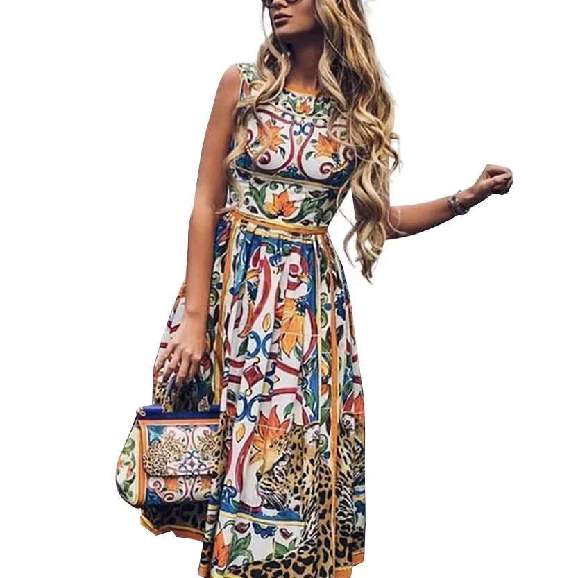 Retro Fashionable Floral Print Women's Dress Knee-Length Sleeveless round Neck Empire Waist Elegant Gown for Ladies