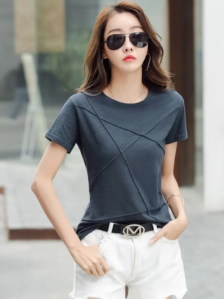 AOSSVIAO Women’s Summer Slim Fit Cotton Bamboo T-Shirt – 2024 O-Neck Ribbed Short Sleeve Casual Solid Top