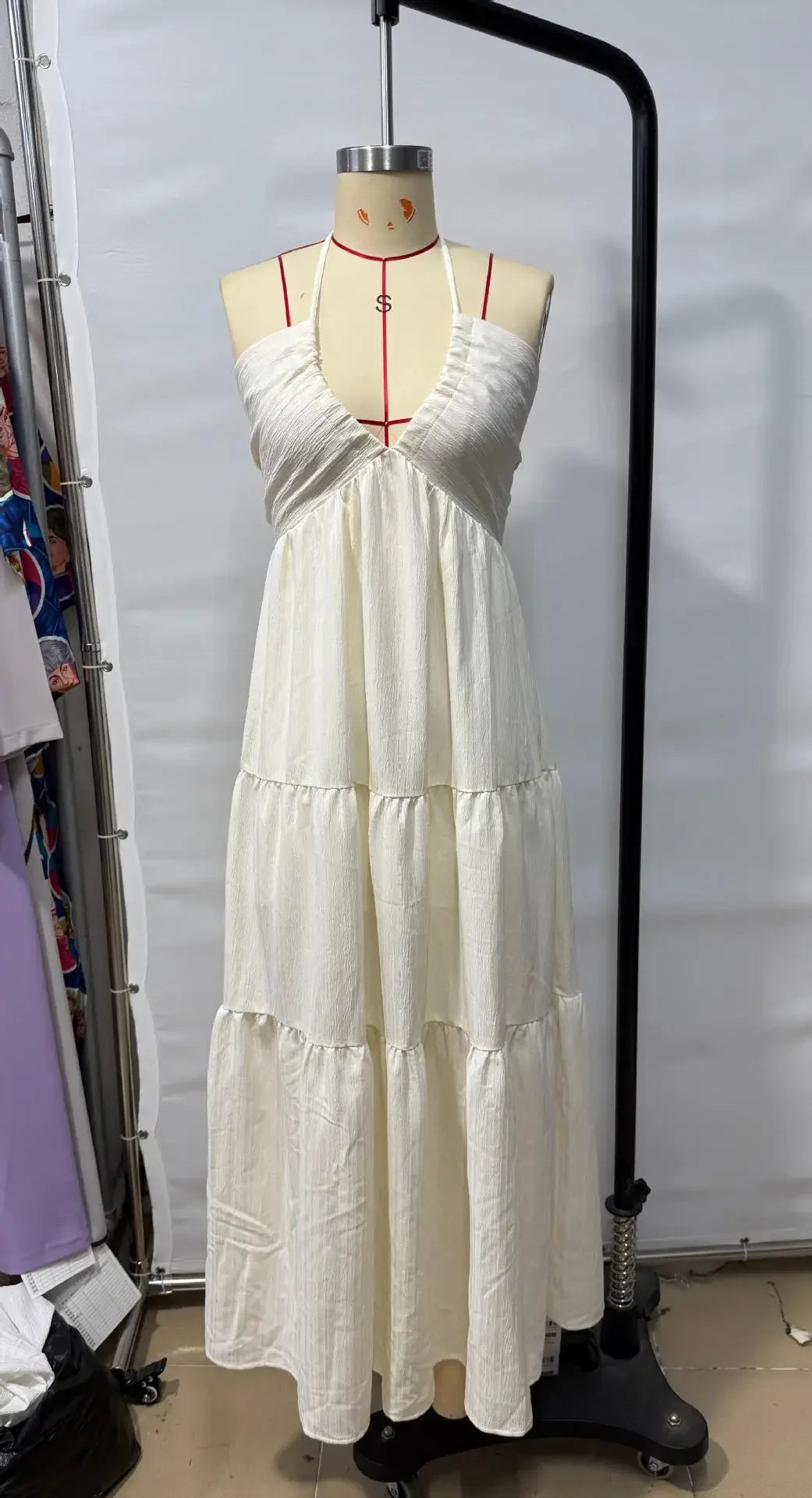Romantic Beach Vacation Backless V-Neck White Pleated A- Line Dress Women's Clothing One-Piece Dress Ankle-length Skirt