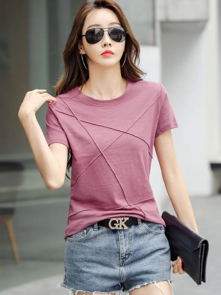 AOSSVIAO Women’s Summer Slim Fit Cotton Bamboo T-Shirt – 2024 O-Neck Ribbed Short Sleeve Casual Solid Top