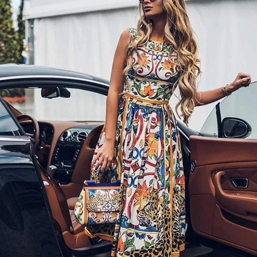 Retro Fashionable Floral Print Women's Dress Knee-Length Sleeveless round Neck Empire Waist Elegant Gown for Ladies