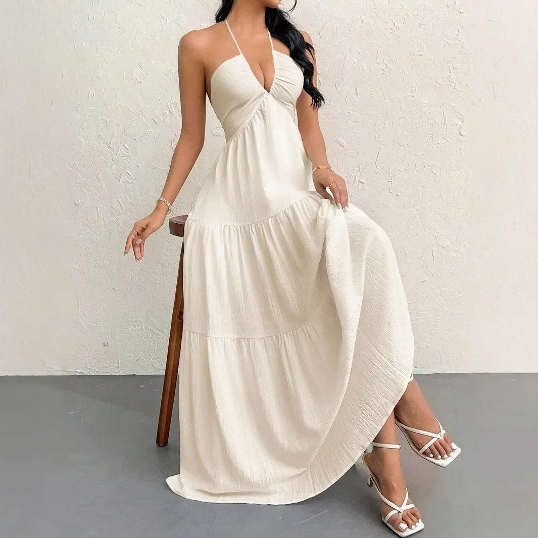 Romantic Beach Vacation Backless V-Neck White Pleated A- Line Dress Women's Clothing One-Piece Dress Ankle-length Skirt