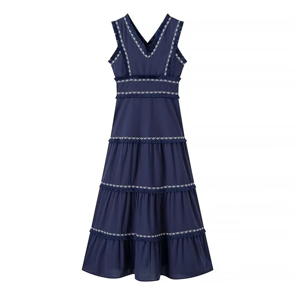 PB&ZA2024 Summer New Product: Casual Women's Fashion V-neck Sleeveless Waist Collection with Tassel Decoration Dress