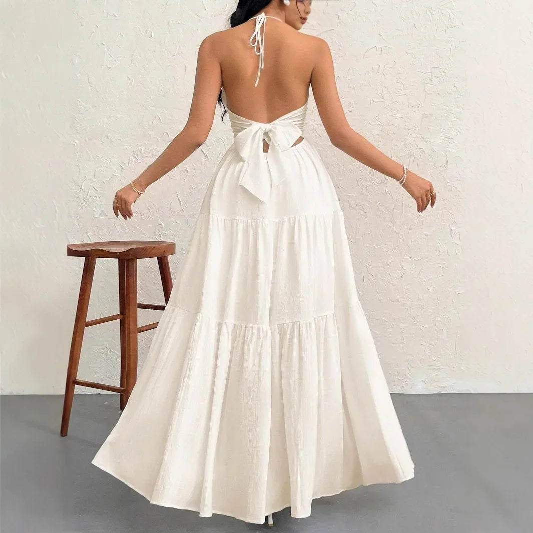 Romantic Beach Vacation Backless V-Neck White Pleated A- Line Dress Women's Clothing One-Piece Dress Ankle-length Skirt