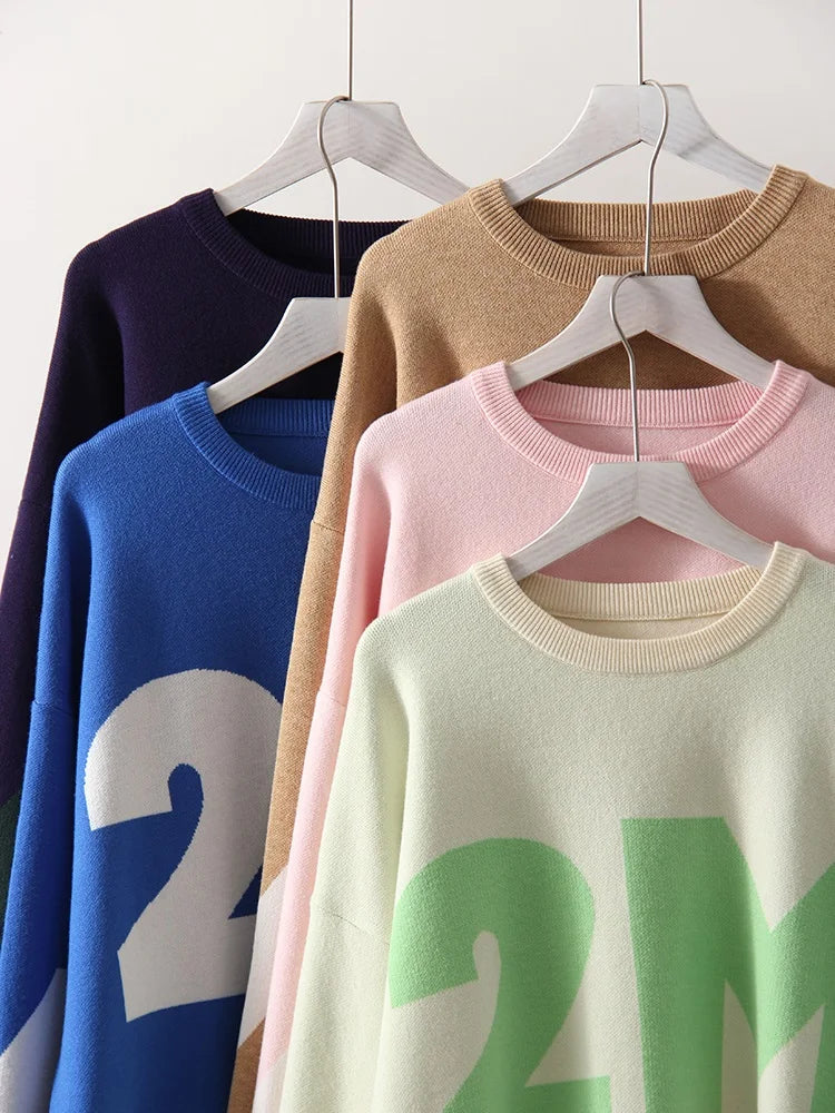 Navy Blue Oversize Letter Crewneck Sweater - Casual Knitted Loose Fit