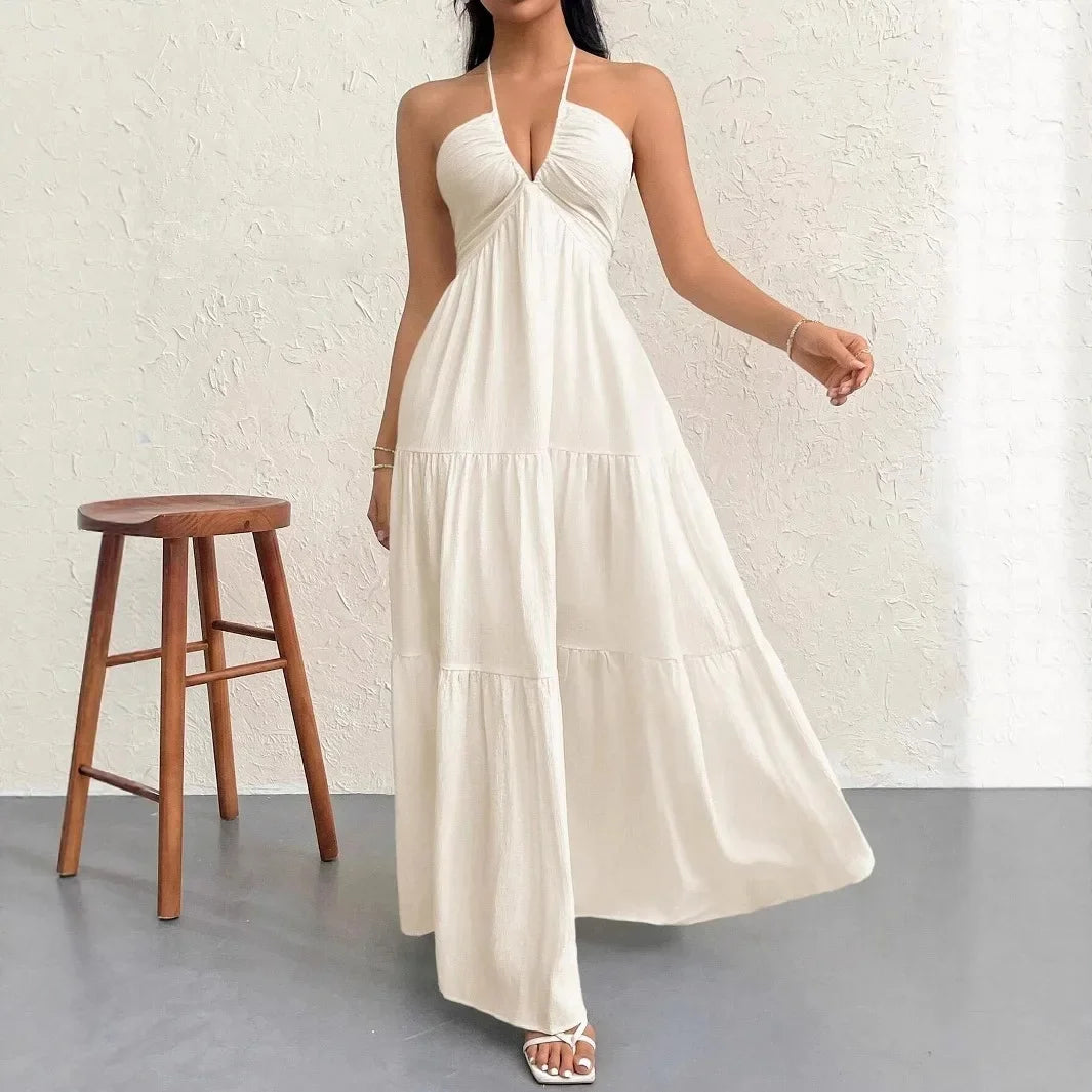 Romantic Beach Vacation Backless V-Neck White Pleated A- Line Dress Women's Clothing One-Piece Dress Ankle-length Skirt