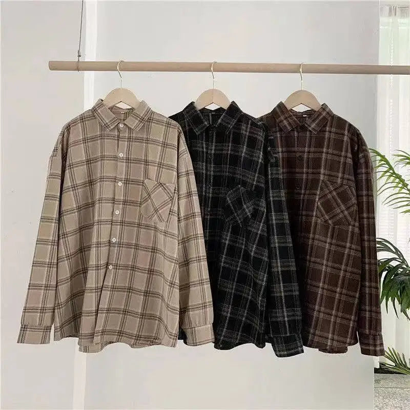 Korean Loose Fit Plaid Button-Up Shirt - Casual Fall Outwear