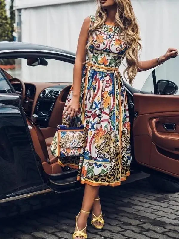 Retro Fashionable Floral Print Women's Dress Knee-Length Sleeveless round Neck Empire Waist Elegant Gown for Ladies