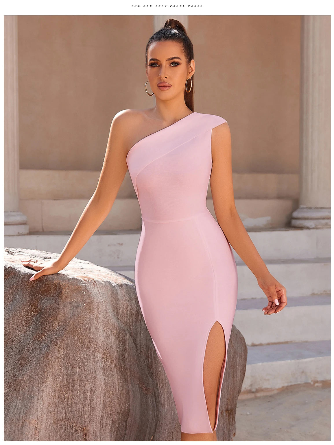 Adyce One-Shoulder Pink Bandage Dress - Elegant Sleeveless Split Midi Dress for Summer Parties