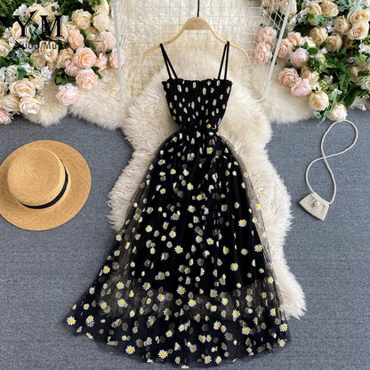 YuooMuoo Korean Daisy Print Mesh Midi Dress - Spaghetti Strap, Summer Vacation