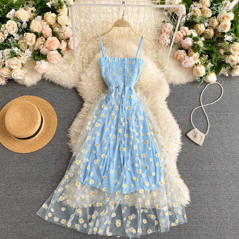 YuooMuoo Korean Daisy Print Mesh Midi Dress - Spaghetti Strap, Summer Vacation