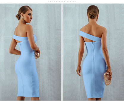 Adyce White and Blue Bodycon Bandage Dress - Elegant One-Shoulder Strapless Party Dress for Women