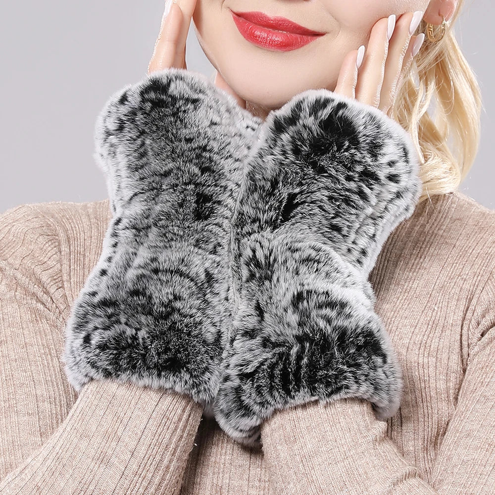 Women's 100% Real Knitted Rex Rabbit Fur Mittens - Fingerless, Handmade Winter Gloves