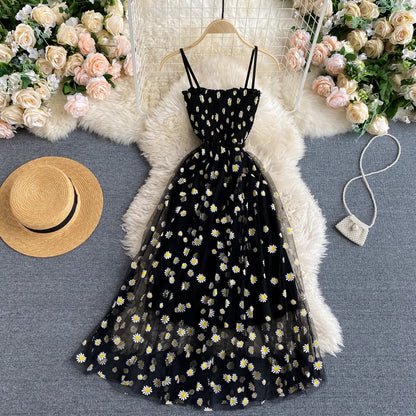 YuooMuoo Korean Daisy Print Mesh Midi Dress - Spaghetti Strap, Summer Vacation