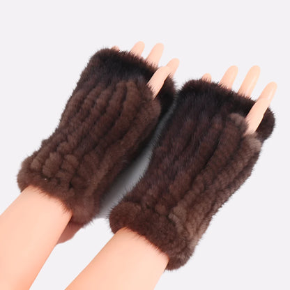 Women's Real Mink Fur Fingerless Gloves - Knitted Winter Mittens with Strong Elasticity