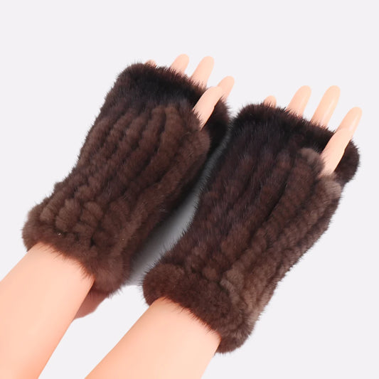 Women's Real Mink Fur Fingerless Gloves - Knitted Winter Mittens with Strong Elasticity