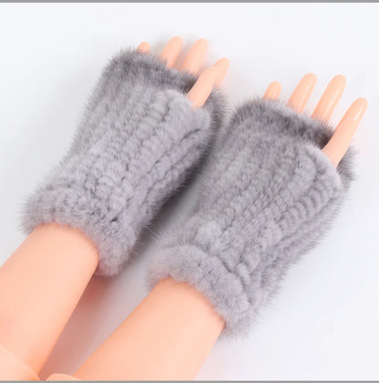 Women's Real Mink Fur Fingerless Gloves - Knitted Winter Mittens with Strong Elasticity