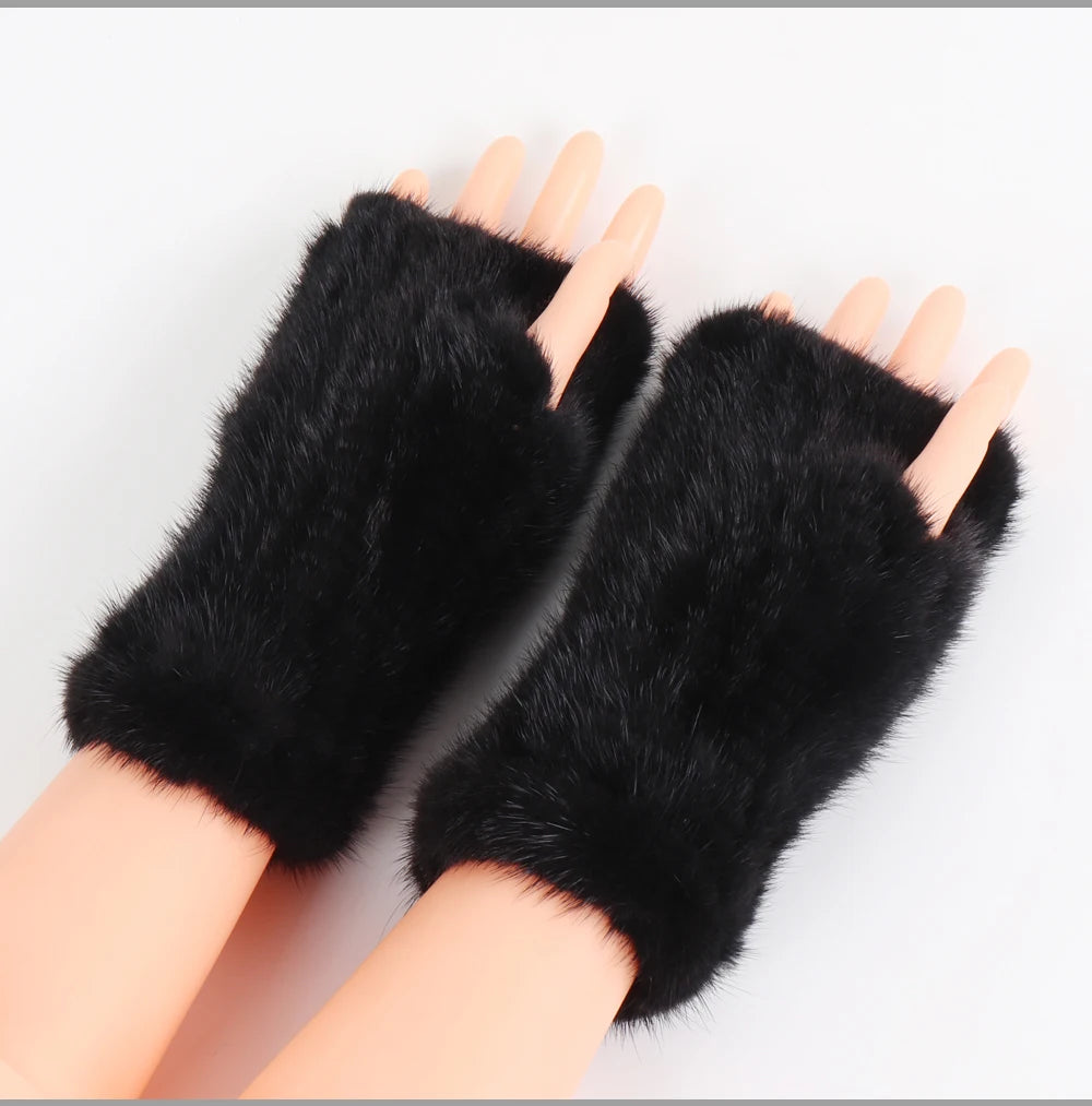 Women's Real Mink Fur Fingerless Gloves - Knitted Winter Mittens with Strong Elasticity