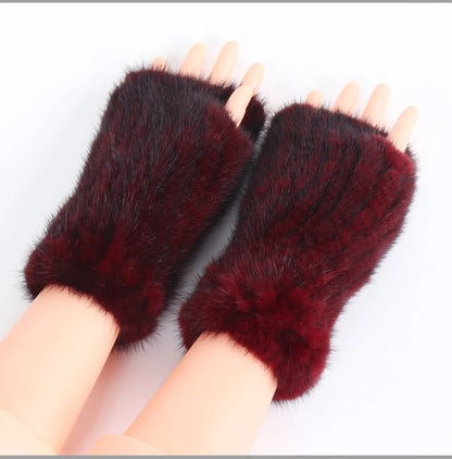 Women's Real Mink Fur Fingerless Gloves - Knitted Winter Mittens with Strong Elasticity