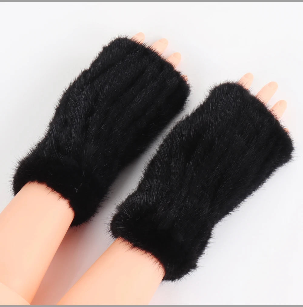 Women's Real Mink Fur Fingerless Gloves - Knitted Winter Mittens with Strong Elasticity