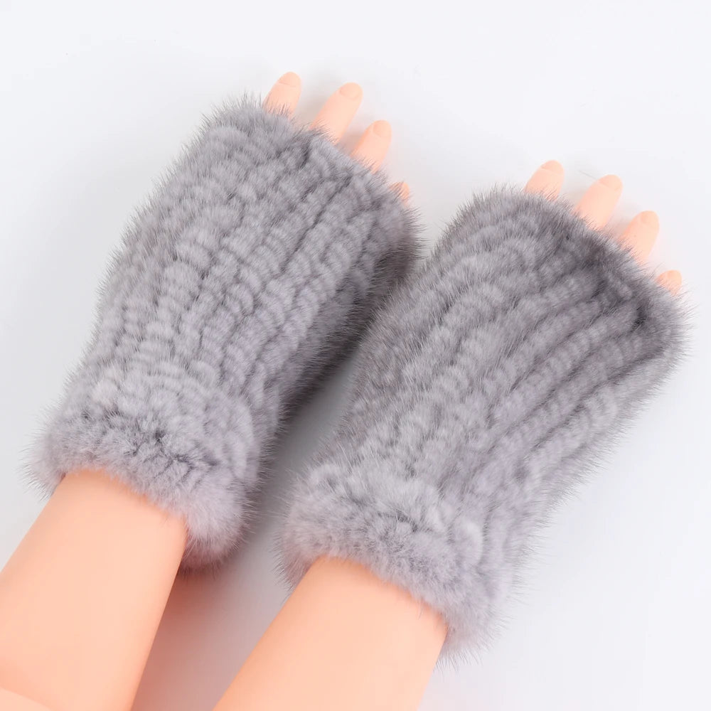 Women's Real Mink Fur Fingerless Gloves - Knitted Winter Mittens with Strong Elasticity