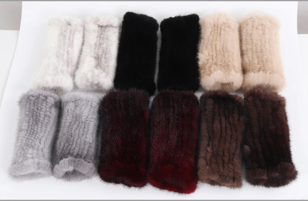 Women's Real Mink Fur Fingerless Gloves - Knitted Winter Mittens with Strong Elasticity