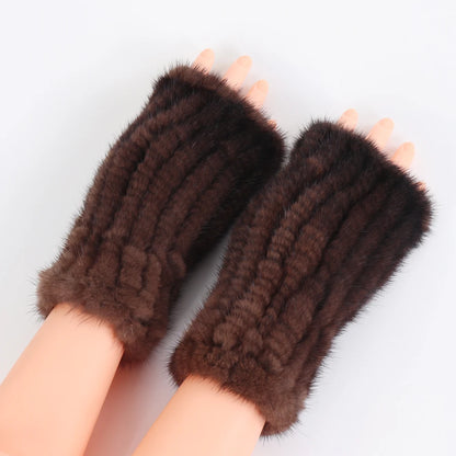 Women's Real Mink Fur Fingerless Gloves - Knitted Winter Mittens with Strong Elasticity