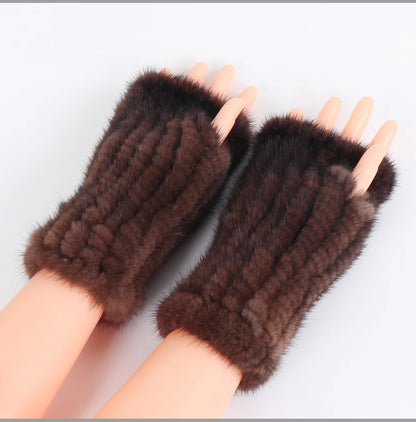 Women's Real Mink Fur Fingerless Gloves - Knitted Winter Mittens with Strong Elasticity