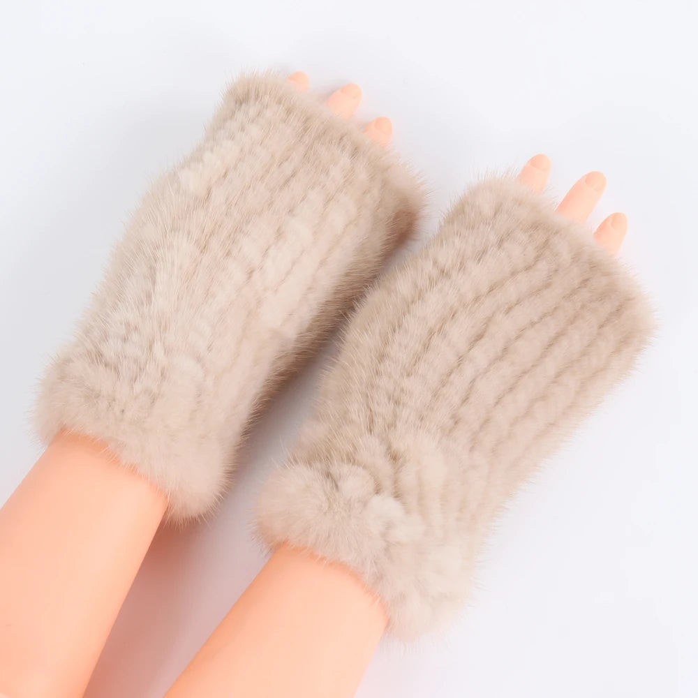 Women's Real Mink Fur Fingerless Gloves - Knitted Winter Mittens with Strong Elasticity