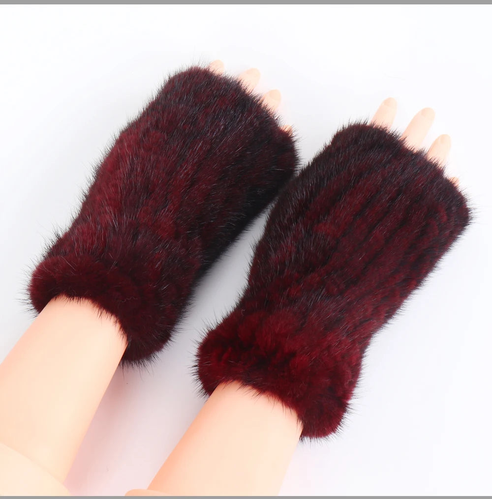 Women's Real Mink Fur Fingerless Gloves - Knitted Winter Mittens with Strong Elasticity