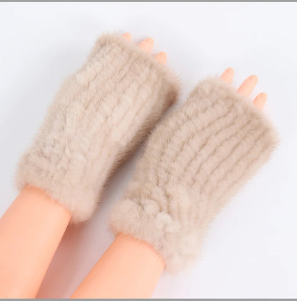 Women's Real Mink Fur Fingerless Gloves - Knitted Winter Mittens with Strong Elasticity