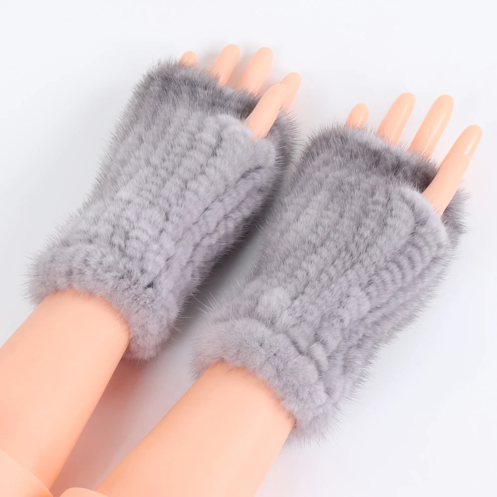 Women's Real Mink Fur Fingerless Gloves - Knitted Winter Mittens with Strong Elasticity