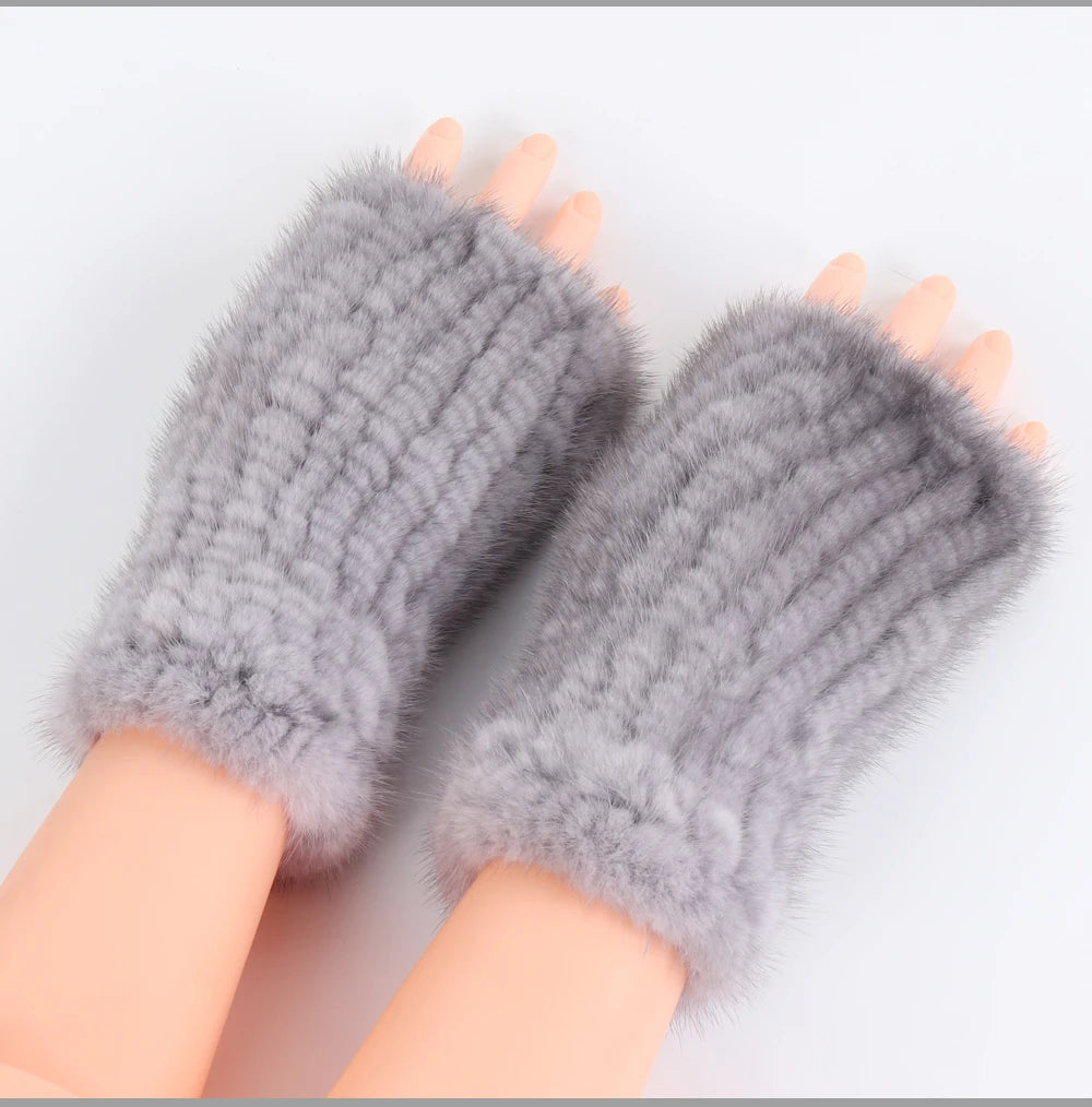 Women's Real Mink Fur Fingerless Gloves - Knitted Winter Mittens with Strong Elasticity