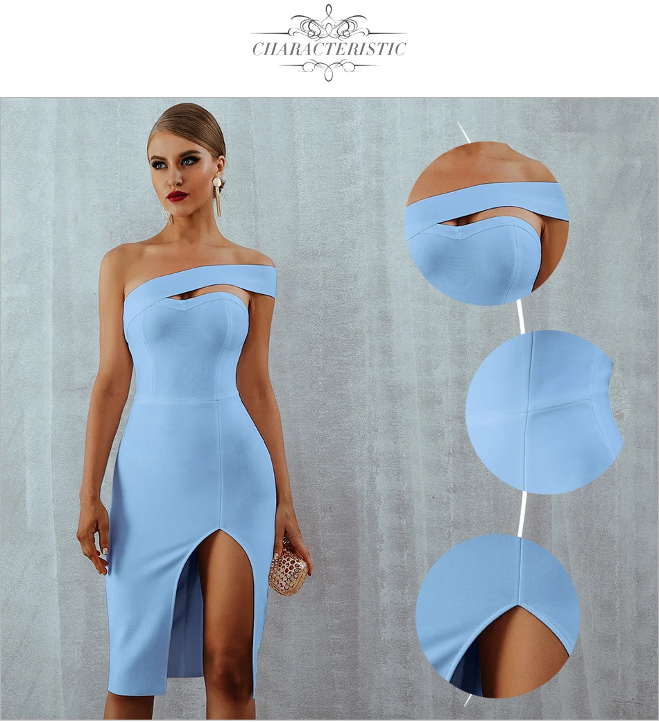 Adyce White and Blue Bodycon Bandage Dress - Elegant One-Shoulder Strapless Party Dress for Women