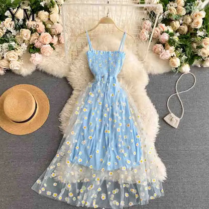 YuooMuoo Korean Daisy Print Mesh Midi Dress - Spaghetti Strap, Summer Vacation