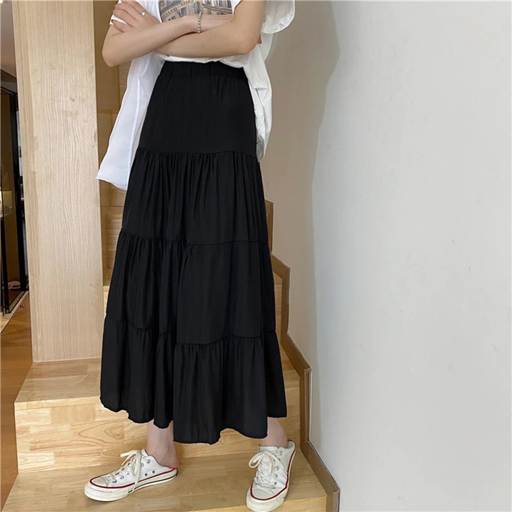 Spring/Summer Women's Chiffon Skirt - Vintage High Waist, Patchwork A-line, Long Chic Design