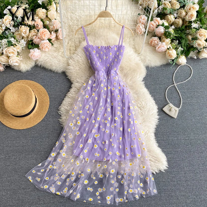 YuooMuoo Korean Daisy Print Mesh Midi Dress - Spaghetti Strap, Summer Vacation