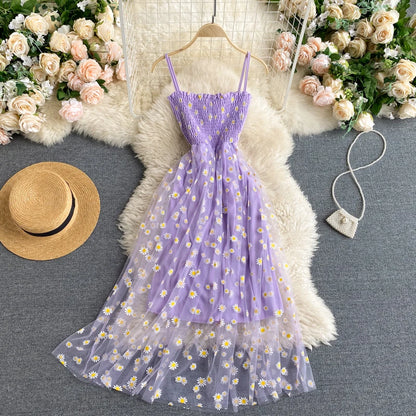 YuooMuoo Korean Daisy Print Mesh Midi Dress - Spaghetti Strap, Summer Vacation