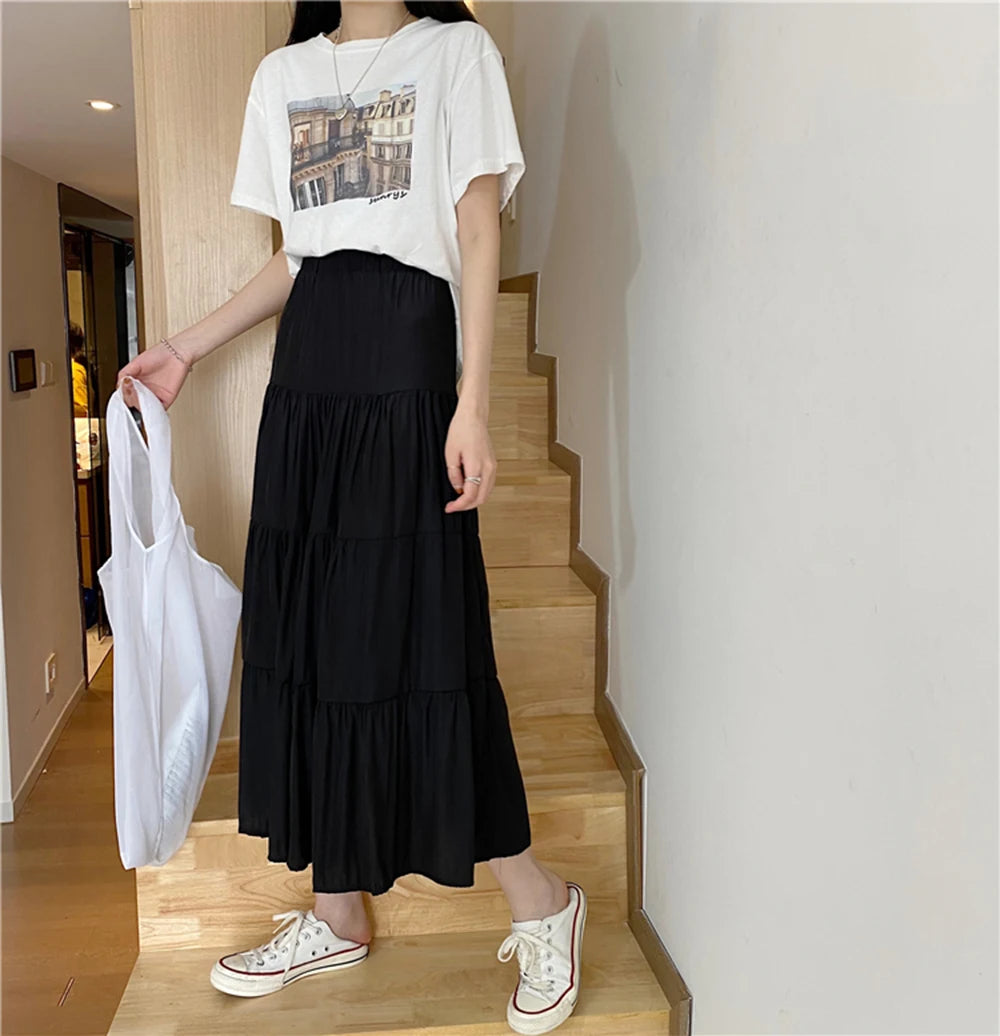 Spring/Summer Women's Chiffon Skirt - Vintage High Waist, Patchwork A-line, Long Chic Design