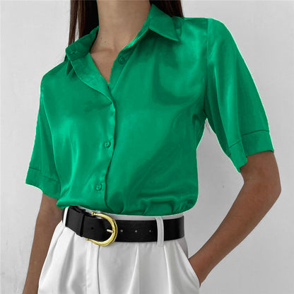 Satin Polo Collar Blouse - Vintage Loose Silk Shirt for Women