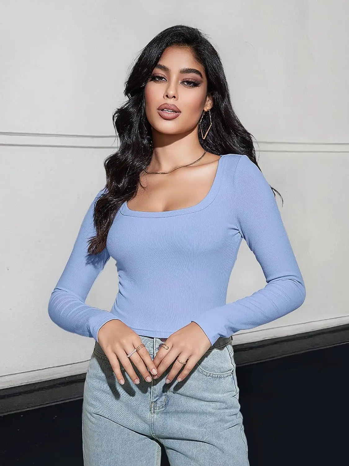 Women’s Long Sleeve Square Neck Ribbed Crop Top