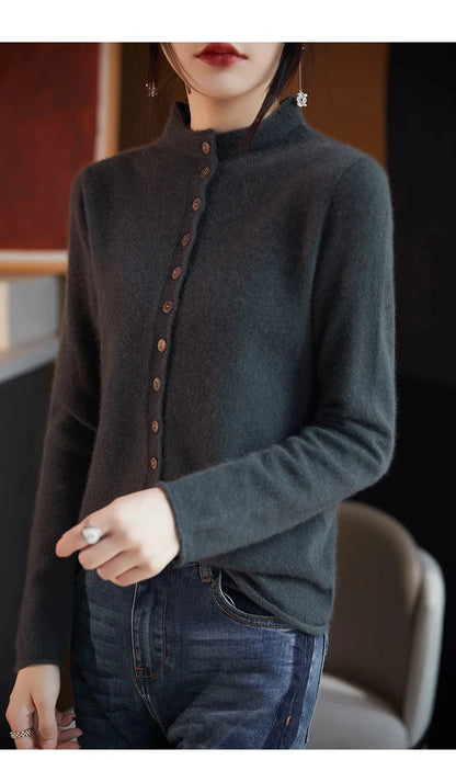 Women's Merino Wool Jacket - Luxury Knit Cardigan with Standing Collar