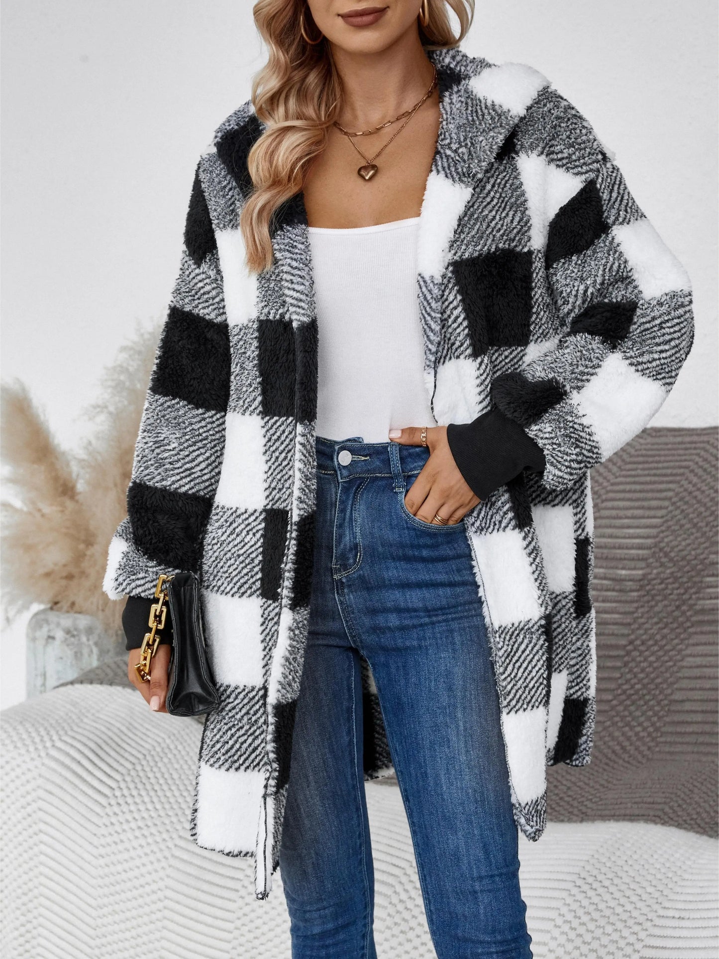 Hooded Color-Blocked Plaid Plush Jacket