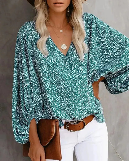 Printed V-Neck Lantern Sleeve Shirt - Elegant Spring/Summer Fashion