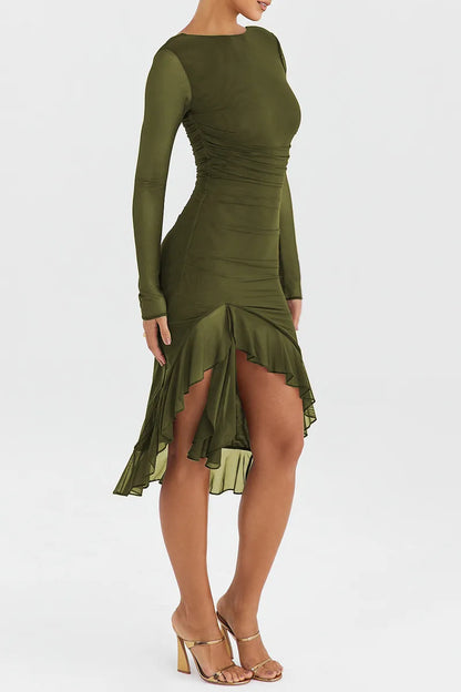 Mozision Elegant Ruffled Midi Dress - Sheer Long Sleeve, Backless Party Style