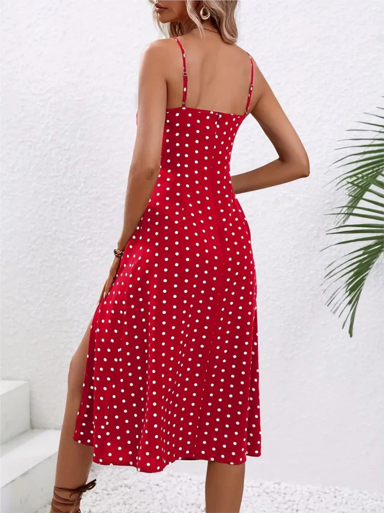 Summer Spaghetti Strap Polka Dot Midi Dress - Boho, Casual, Sleeveless with Slit