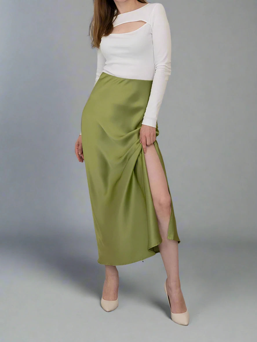 Summer Silk Satin A-line Skirt - Casual High Waist with Side Slit