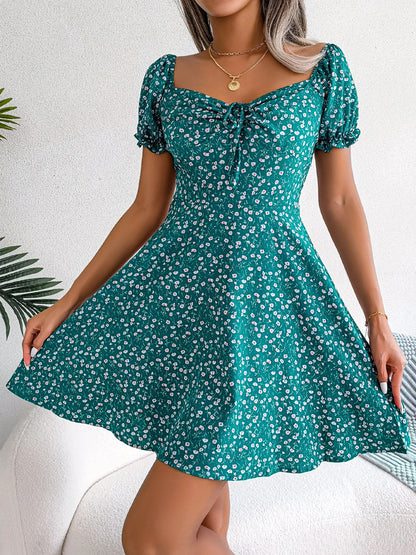 Women Casual Ruffles Short Sleeve Floral Print A Line Dress